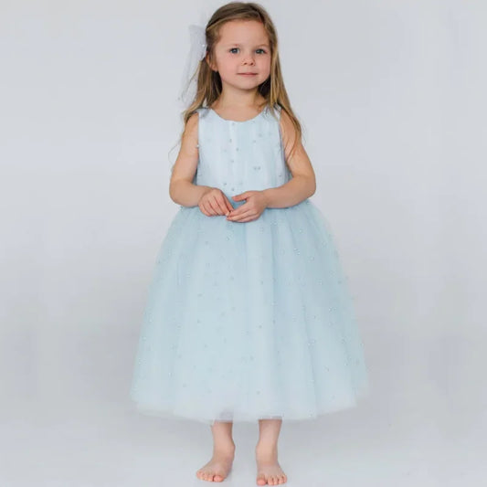 Tul azul claro con perlas sin mangas para bodas, fiestas de cumpleaños, ocasiones especiales, vestidos de comunión y vestidos de niña de las flores 