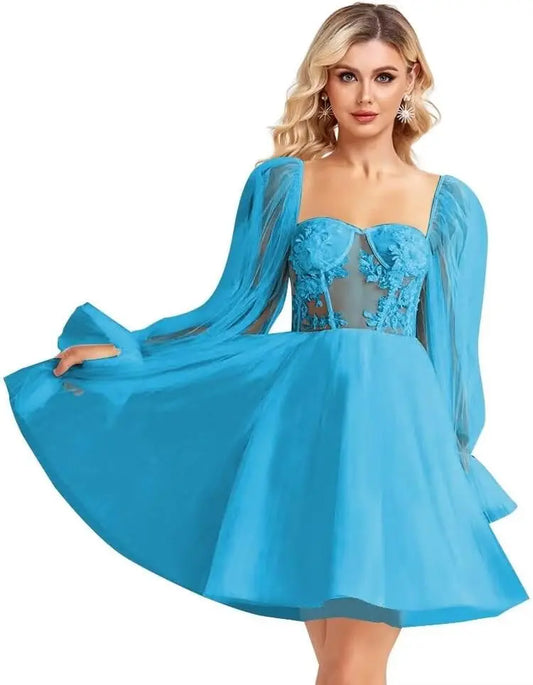 Langärmliges Tüll-Heimkehrkleid, kurzes Brautkleid, herzförmiger Ausschnitt, Spitzenapplikation, Ballkleider für Teenager, Cocktailkleid 