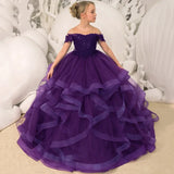 Grape Purple Floral Appliques Tiered With Trailing For Wedding Birthday Party Banquet Gown Customized Flower Girl Dresses