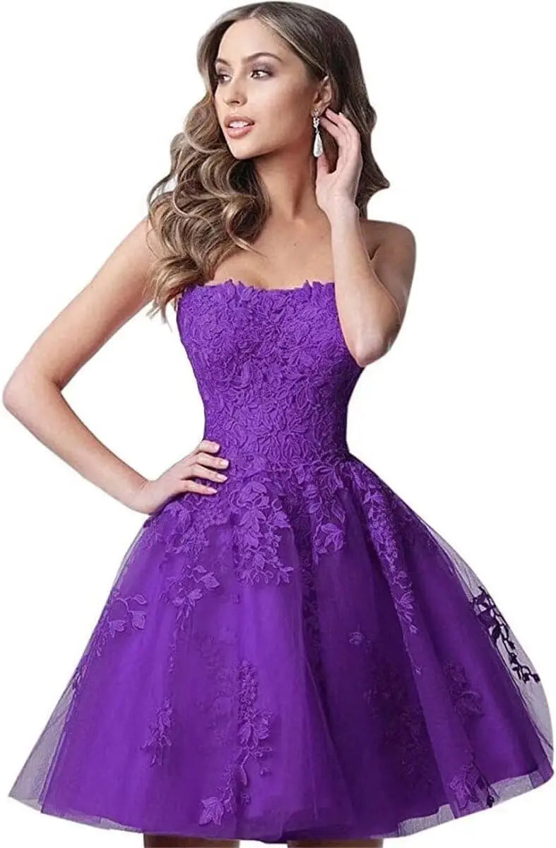 Spitzen-Heimkehrkleider, kurz, A-Linie, trägerlos, formelle Cocktailparty-Kleider, Abschlussballkleid, Ballkleider, Minikleid 