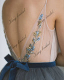 Dark blue wedding dress Tulle bridal full dress, Bridal bow sash dress bride simple wedding party evening dresses