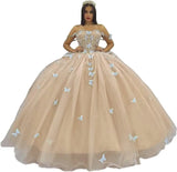 3D Butterfly Quinceanera Dress with Bow Train Spaghetti Strap Sweet 15 16 Ball Gowns Sparkly Vestido De 15 Años