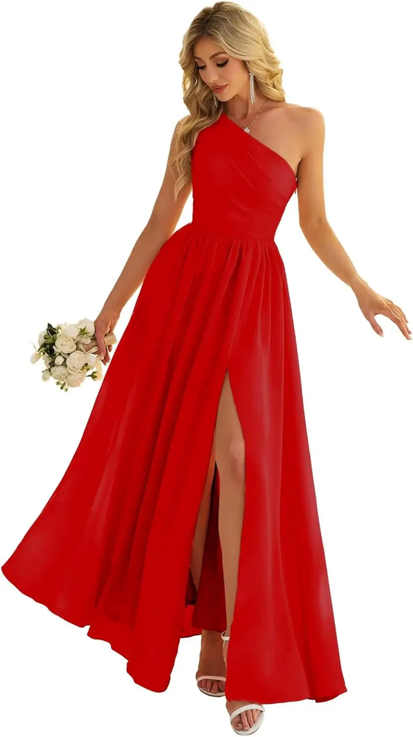 Women's One Shoulder Bridesmaid Dresses for Wedding Chiffon Side Split Reched Formal Evening Dress Sleeveless