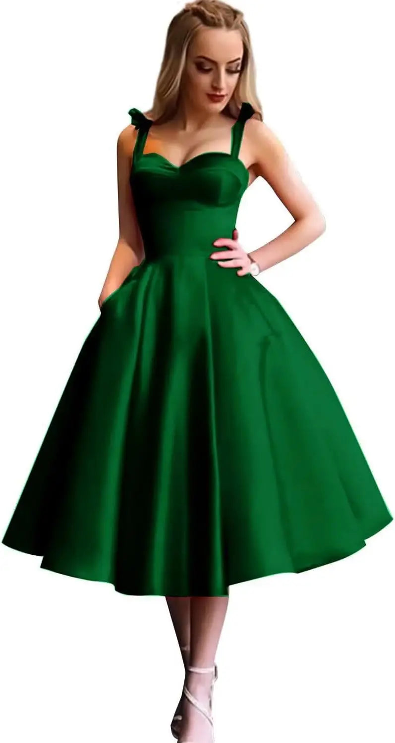Damen Spaghettiträger Kurzes Satin Ballkleid Homecoming Kleid Sweetheart A-Linie Ballkleid Cocktailkleid mit Tasche 
