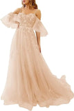 Lace Applique Tulle Prom Dresses Off Shoulder Puffy Sleeves Wedding Dress Long Women Sweetheart A Line Evening Gowns