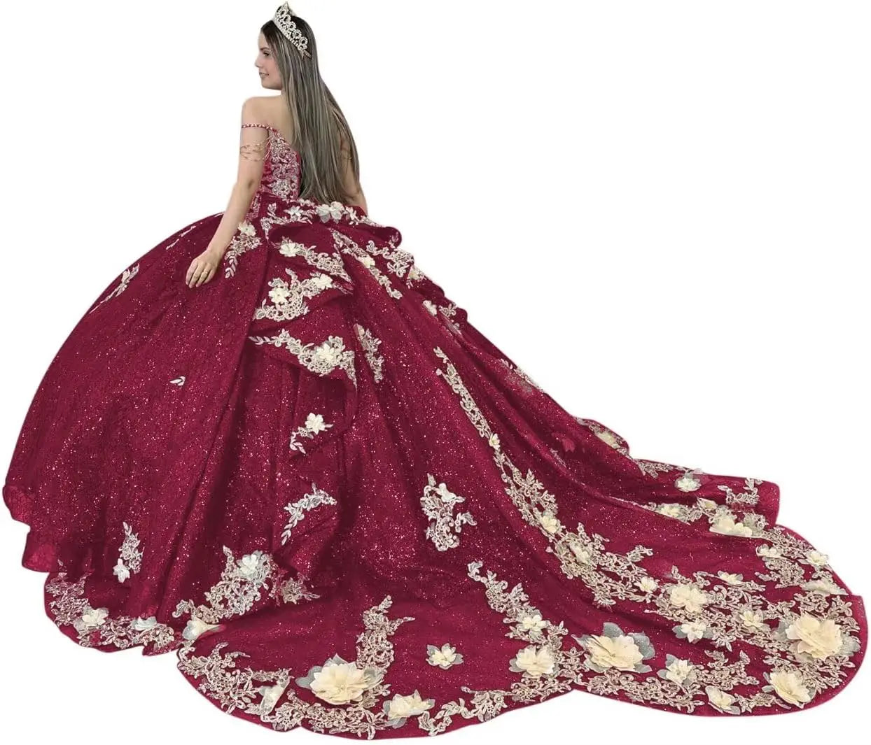 Gold Appliques Quinceanera Dresses with Train Spaghetti Strap Lace Sweet 16 Dresses Layered Ruffles Beaded Ball Gown