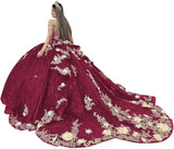 Gold Appliques Quinceanera Dresses with Train Spaghetti Strap Lace Sweet 16 Dresses Layered Ruffles Beaded Ball Gown
