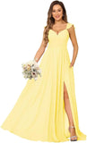 Women's Cap Sleeves Chiffon Bridesmaid Dresses Long with Pockets Ruffle Formal Evening Dresses with Slit Wedding Party Gowns
