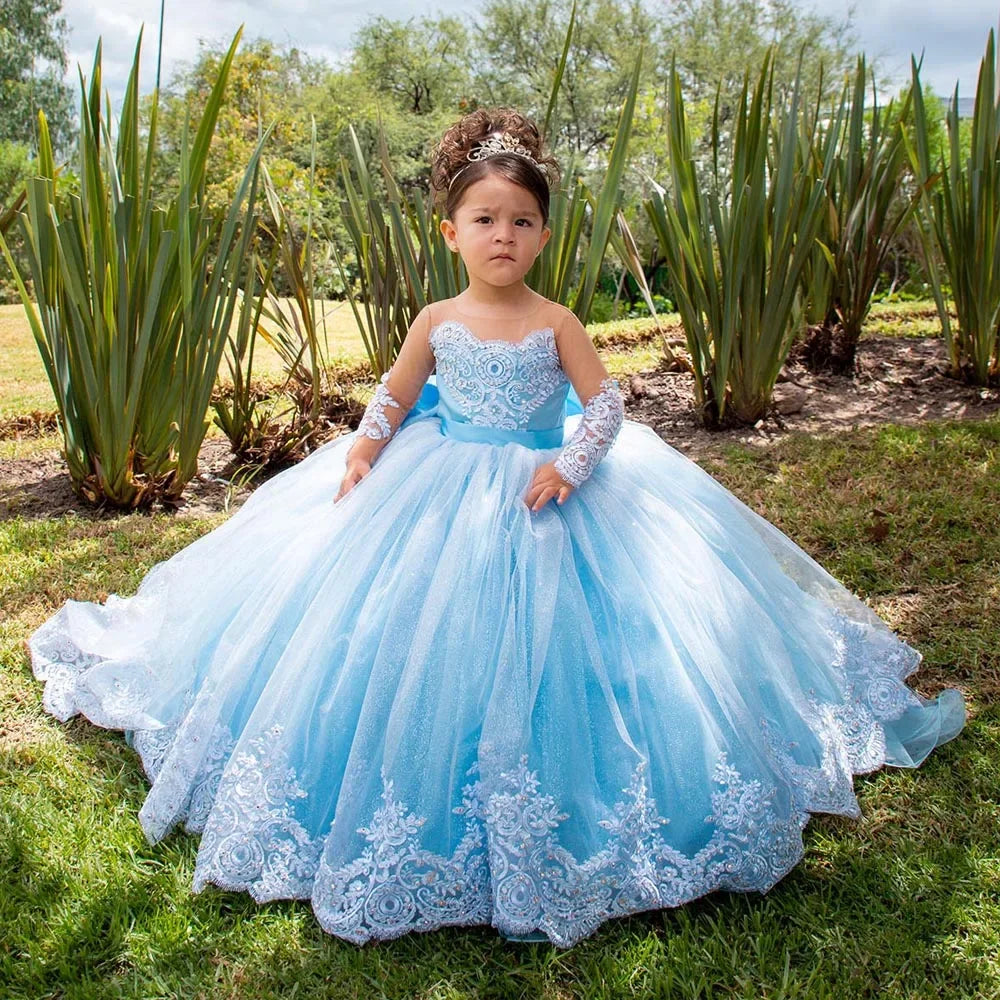 Volle Ärmel Bodenlangen Elegante Mädchen Kinder Geburtstag Party Kommunion Party Kleid Spitze Applikationen Blumenmädchen Kleider für Hochzeit 