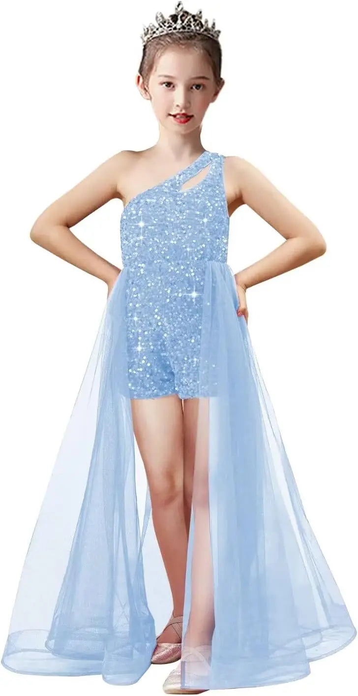Einschultriges Festzugskleid, Jumpsuits, Blumenmädchenkleid, Pailletten-Mädchen-Ballkleider, Tüll-Strampler, Maxikleid mit Cape, Partykleider 