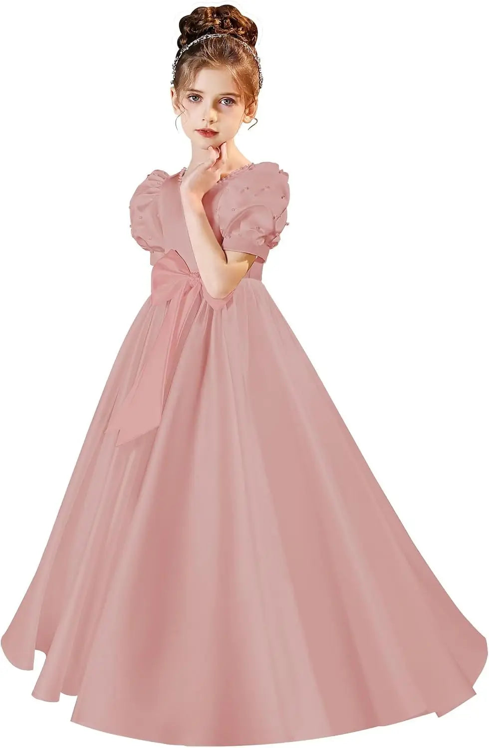 Satin First Communion Dress Flower Girl Dresses for Wedding Pearls Princess Pageant Dress with Bow-Knot