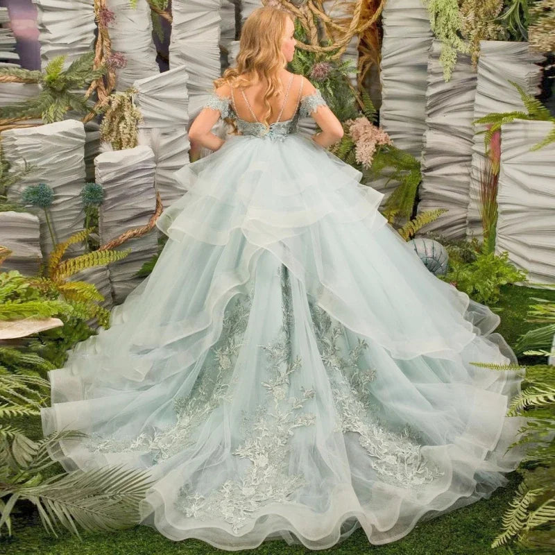 Vestidos de primera comunión elegantes y esponjosos para niña de las flores para boda, de tul con encaje y cuentas, hombros descubiertos, estilo princesa para fiesta 