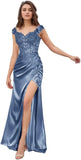 Elegant Satin Prom Dresses for Women Long 2025 3D Flower Lace Applique Off Shoulder Formal Evening Wedding Party Gown with Slit