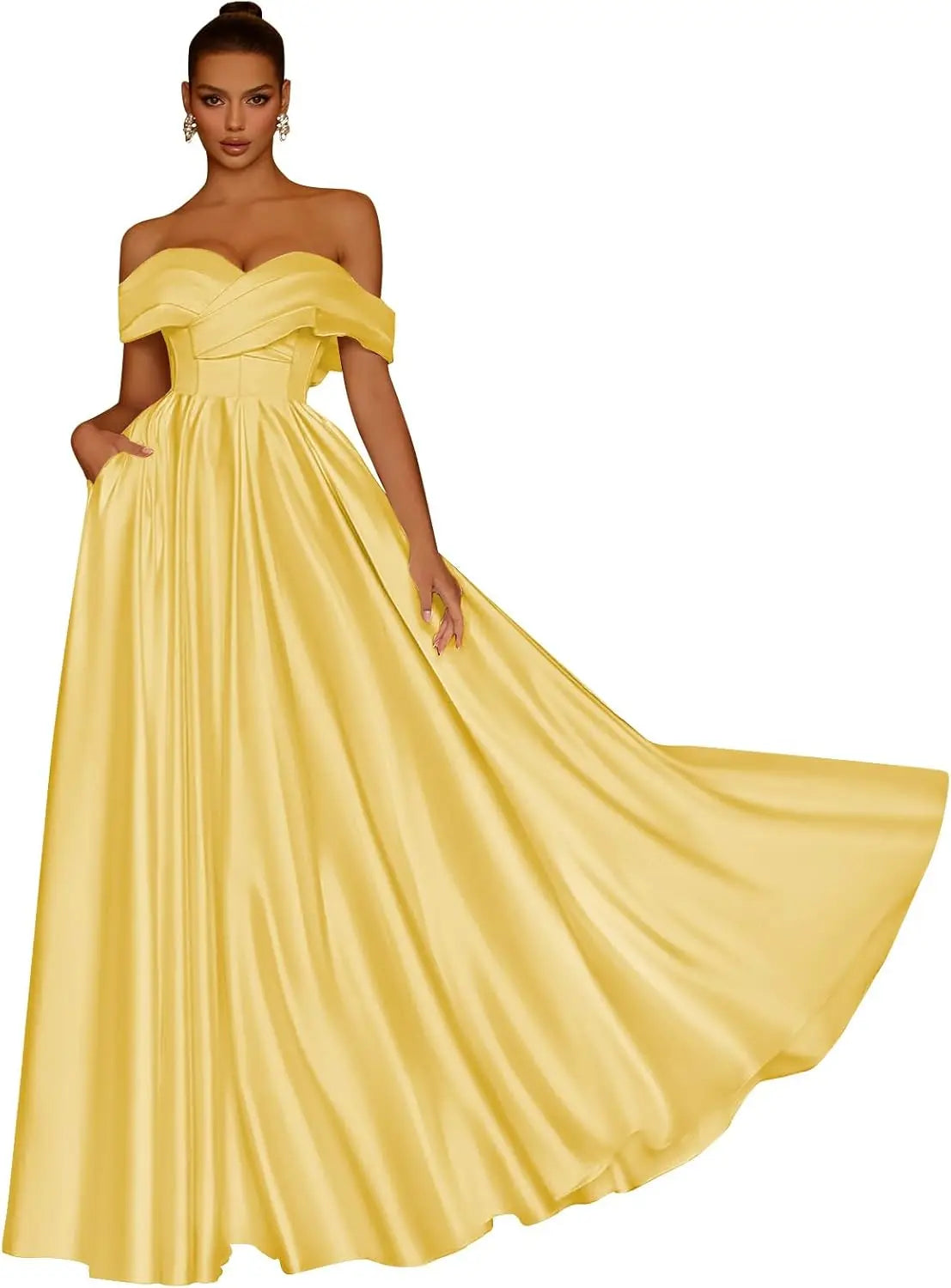 Damen Schulterfreies Satin-Ballkleid, lang, V-Ausschnitt, A-Linie, formelles Abendkleid mit Taschen, Ballkleid 