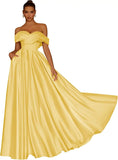 Damen Schulterfreies Satin-Ballkleid, lang, V-Ausschnitt, A-Linie, formelles Abendkleid mit Taschen, Ballkleid 
