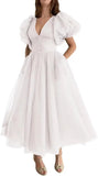 Puffy Sleeve Prom Dresses for Women Dotted Tulle V Neck Formal Evening Party Gowns Tea Length Bridesmaid Dresses