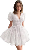 3D Butterfly Tulle Homecoming Dresses for Teens A-Line Short Sleeve Prom Cocktail Dress with Butterfly Appliques