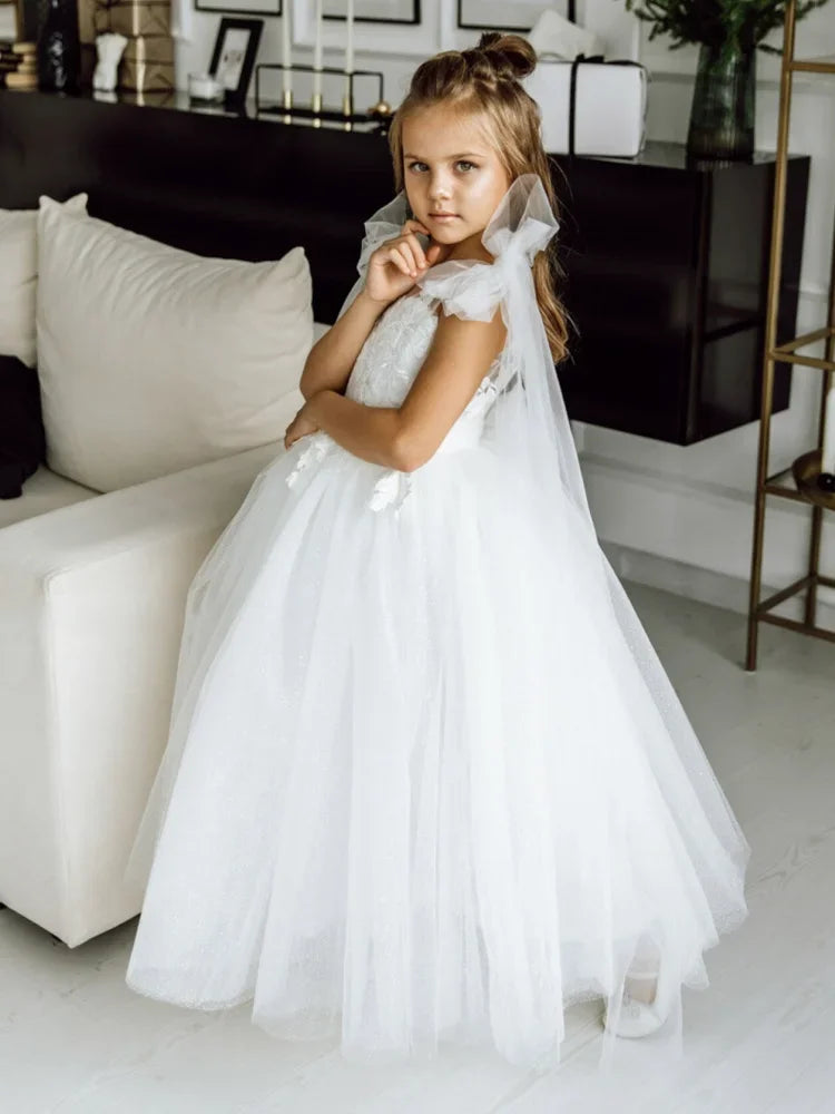 With Tailing And Bow Shoulder Sleeveless For Wedding Birthday First Communion Gowns Flower Girl Dresses White Tulle Appliques