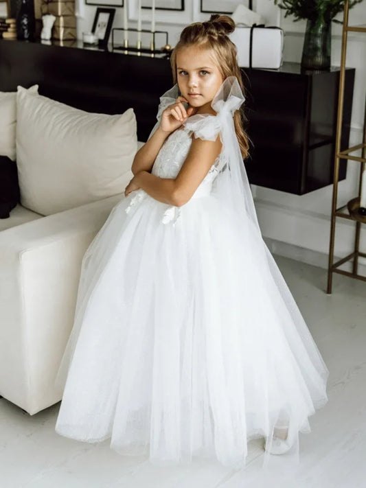 With Tailing And Bow Shoulder Sleeveless For Wedding Birthday First Communion Gowns Flower Girl Dresses White Tulle Appliques