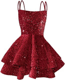 Hübsches, funkelndes Pailletten-Heimkehrkleid für Teenager, kurzes, gestuftes Ballkleid mit quadratischem Ausschnitt und A-Linie, Cocktail-Club-Partykleid 