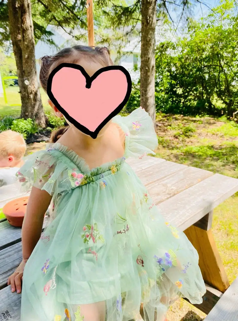 Vestido de tul con flores, vestido verde con flores, vestido para primer cumpleaños, vestidos de fotos para niñas pequeñas, vestido de princesa con mangas con volantes para niñas. 