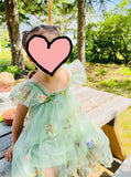Vestido de tul con flores, vestido verde con flores, vestido para primer cumpleaños, vestidos de fotos para niñas pequeñas, vestido de princesa con mangas con volantes para niñas. 