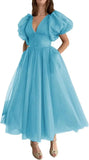 Puffy Sleeve Prom Dresses for Women Dotted Tulle V Neck Formal Evening Party Gowns Tea Length Bridesmaid Dresses