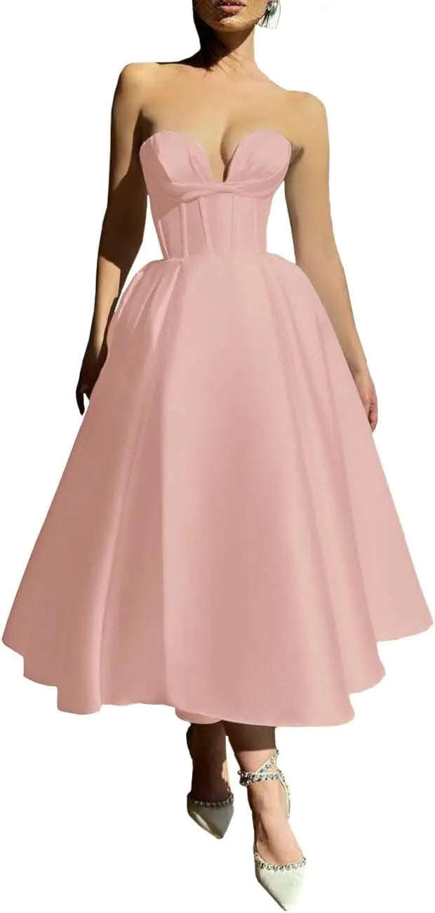 Strapless Prom Dresses 2025 Sweetheart Satin Tea Length Puffy Party Dresses for Women simple wedding dress short wedding dress