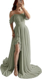 Elegantes schulterfreies Chiffon-Ballkleid für Brautjungfern mit Schlitz, lang, A-Linie, plissierte Rüschen, formelles Abendkleid für Damen 