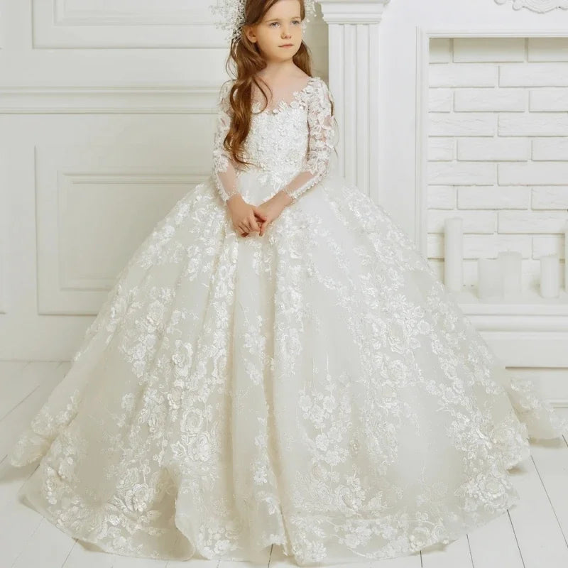 Elegant Baby Girl Prom Gown for Photoshoot Princess First Communion Gowns White Flower Girl Dresses for Wedding Lace Appliques