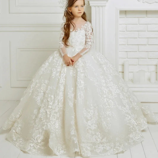 Elegant Baby Girl Prom Gown for Photoshoot Princess First Communion Gowns White Flower Girl Dresses for Wedding Lace Appliques