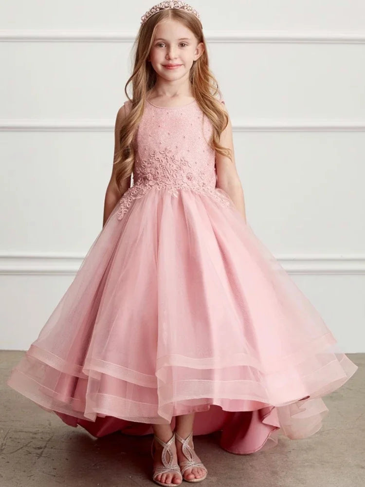 Vestidos de primera comunión para cumpleaños, vestidos de niña de las flores con apliques de flores de tul rosa y lazo, falda alta y baja sin mangas para boda 
