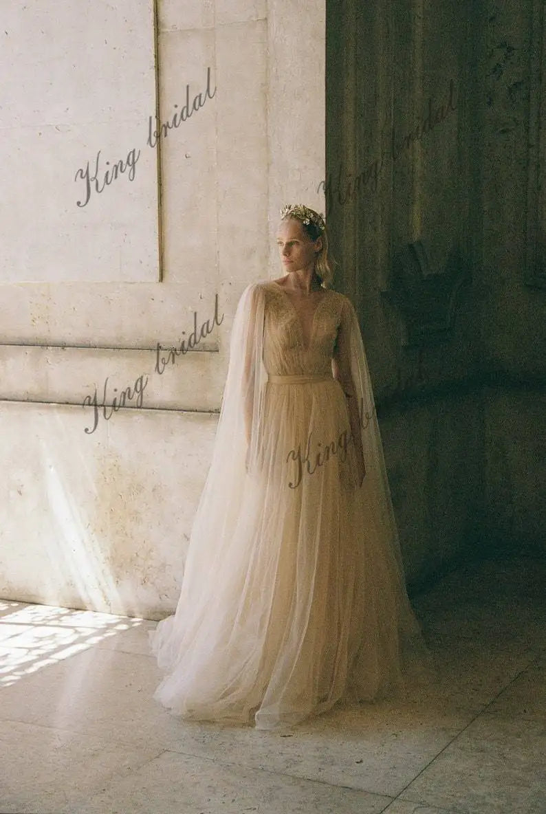 A-line wedding dresses cape sleeves Champagne ball gown wedding dress Princess bridal gown  Romantic two-piece bridal