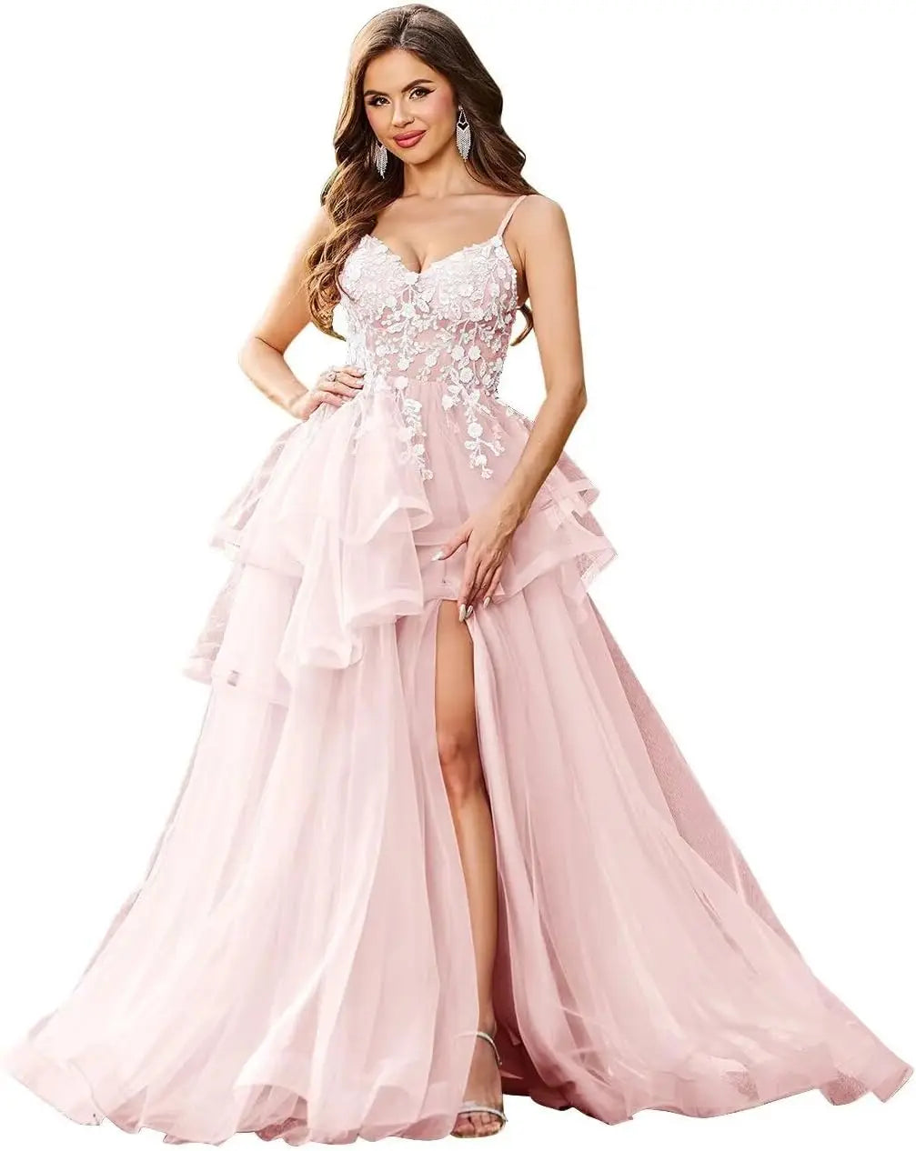 Vestidos de fiesta con apliques de encaje de tul y escote en V con abertura, vestidos de fiesta formales de noche con capas abullonadas, vestidos de baile largos 