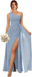 One Shoulder Bridesmaid Dresses for Women Long Ruched Chiffon A Line Formal Evening Dress with Slit prom dresses