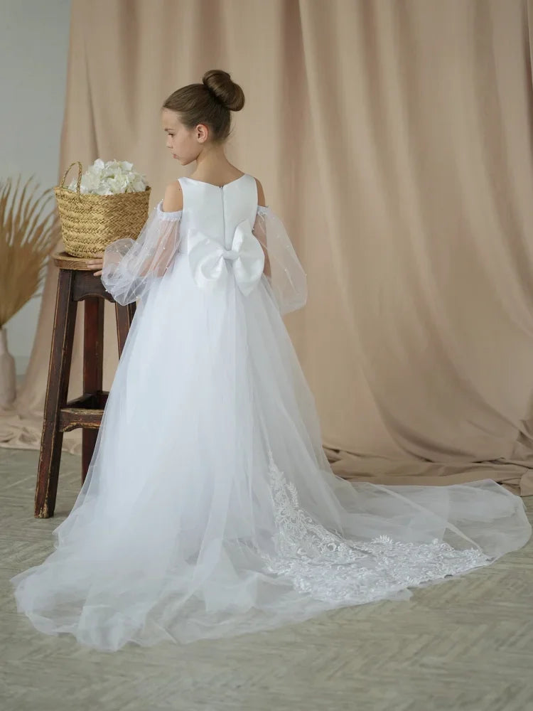 White Tulle Appliques With Bow Pearls Long Sleeve For Wedding Birthday Party Holy Communion Gowns Flower Girl Dresses