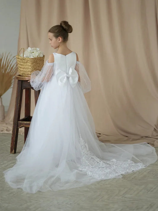 White Tulle Appliques With Bow Pearls Long Sleeve For Wedding Birthday Party Holy Communion Gowns Flower Girl Dresses