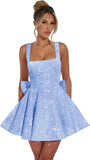 Vestidos de fiesta de graduación con lentejuelas brillantes para adolescentes, con lazo, cortos y abullonados.