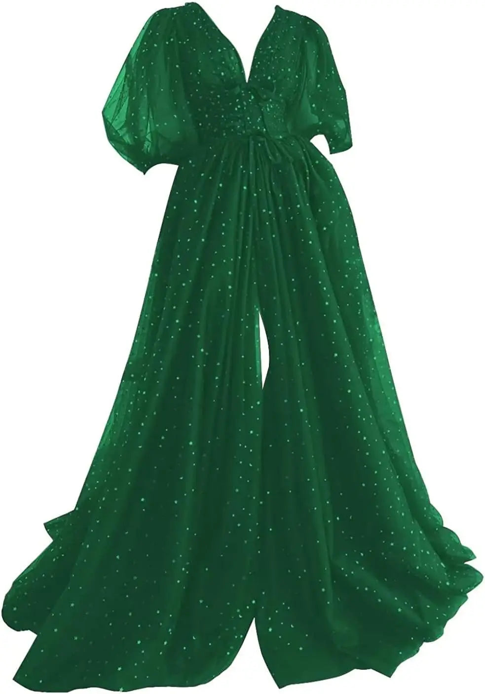 Vestidos de fiesta formales de noche largos de talla grande con mangas abullonadas de tul estrellado brillante para mujer con abertura 