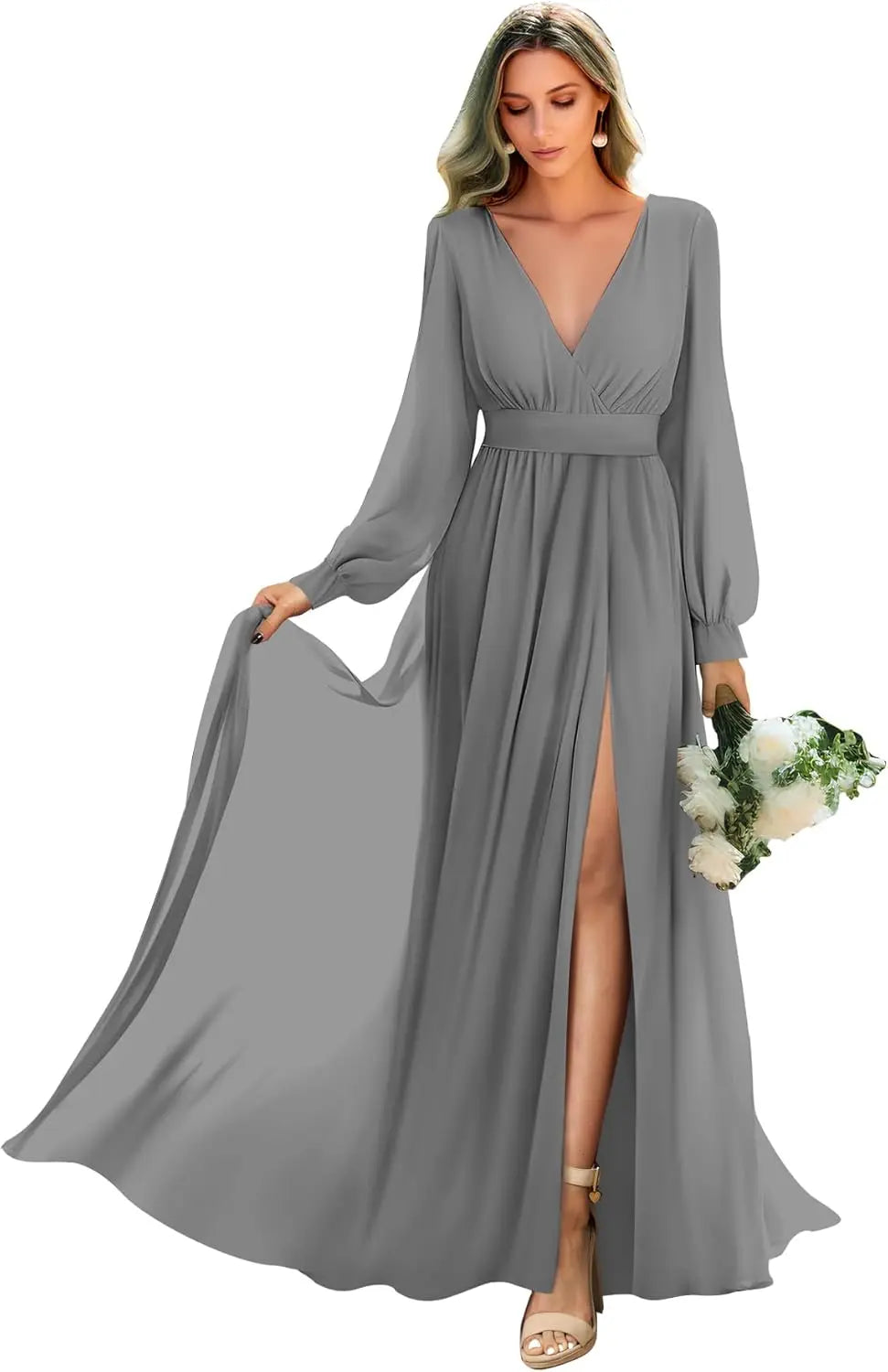 Long Sleeve Bridesmaid Dresses with Slit Pleated Wedding Party Gowns V Neck Chiffon Long Formal Dress evening dress