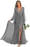 Long Sleeve Bridesmaid Dresses with Slit Pleated Wedding Party Gowns V Neck Chiffon Long Formal Dress evening dress