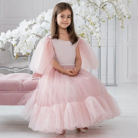 Vestido de princesa de tul rosa con lazo y manga corta para bodas, fiestas de cumpleaños, banquetes, vestidos de princesa, vestidos de niña de las flores 