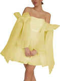 Vestidos de fiesta de organza con hombros descubiertos y lazo, de manga larga, para graduación, de corte A, formales, para cóctel o fiesta. 
