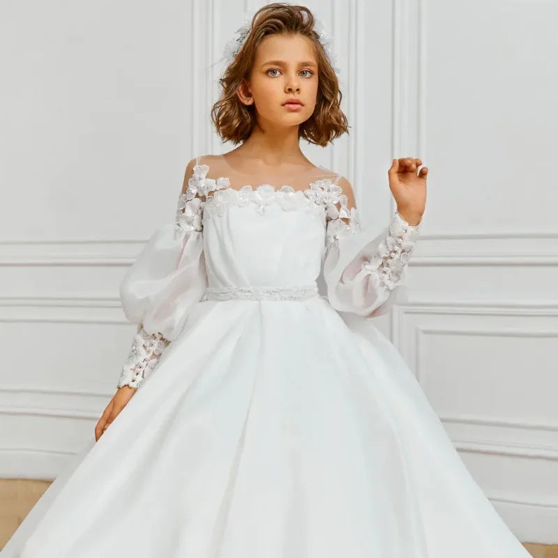 With Bow Long Sleeve For Wedding Birthday Evening Banquet Holy Communion Gowns Customized Flower Girl Dresses White Flowers