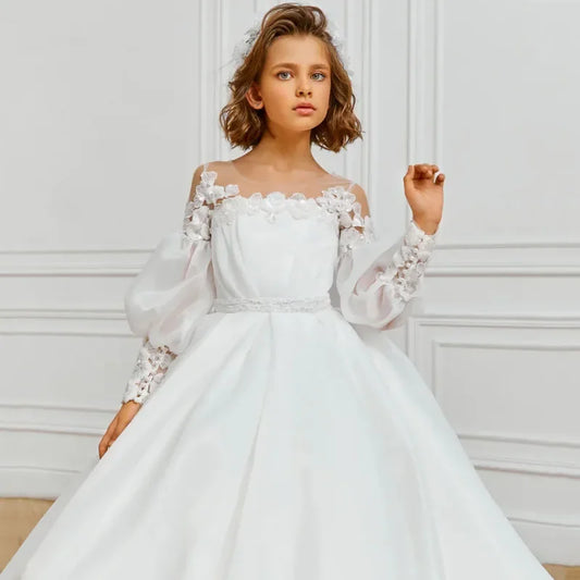 With Bow Long Sleeve For Wedding Birthday Evening Banquet Holy Communion Gowns Customized Flower Girl Dresses White Flowers