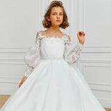 With Bow Long Sleeve For Wedding Birthday Evening Banquet Holy Communion Gowns Customized Flower Girl Dresses White Flowers