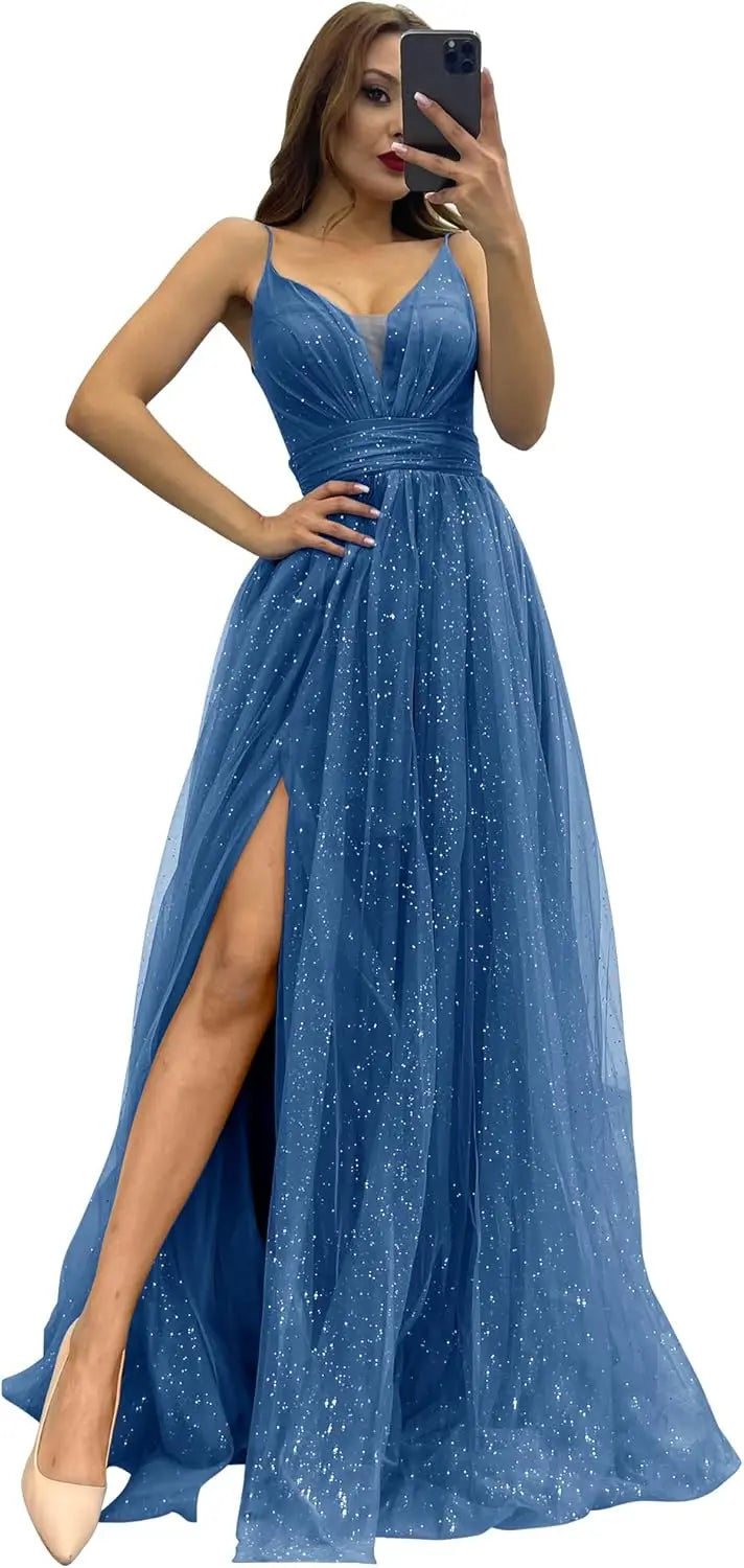 2025 Sparkly Tulle Formal Prom Dress Pleated A-Line Ball Gown with Spaghetti Straps Slit for Women Evening Dresses