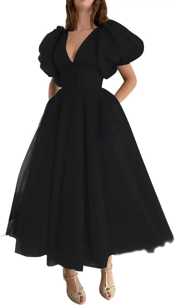 Puffy Sleeve Prom Dresses for Women Dotted Tulle V Neck Formal Evening Party Gowns Tea Length Bridesmaid Dresses