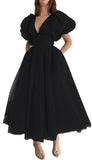 Puffy Sleeve Prom Dresses for Women Dotted Tulle V Neck Formal Evening Party Gowns Tea Length Bridesmaid Dresses