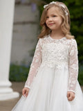 Vestido de tul blanco con estampado floral, manga larga, para bodas, cumpleaños, fiestas, banquetes, princesas, para niñas de las flores 